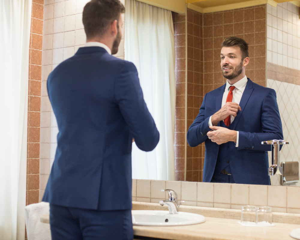 Man adjusting a tie in front of a mirror