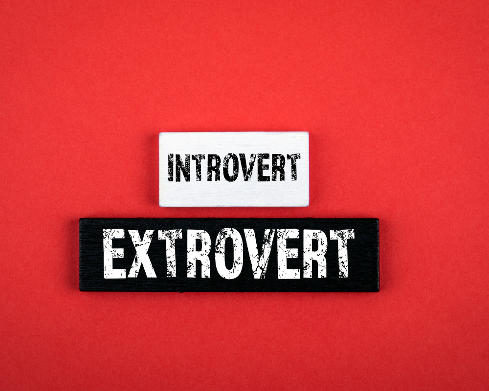 The words introvert and extrovert on a red background.