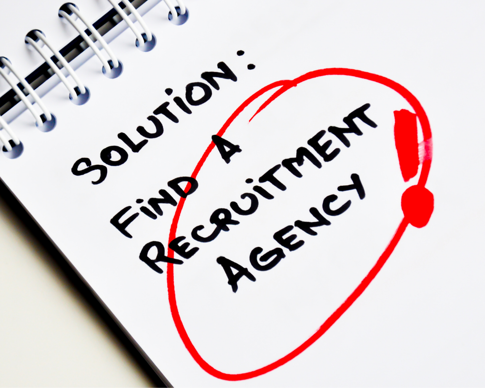 Note pad with the words, find a recruitment agency written. Recruitment agency circled in red.