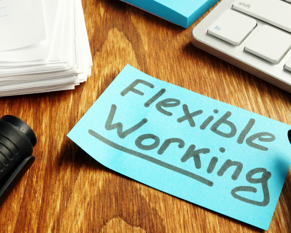 Blue post it note on a desk with the words flexible work