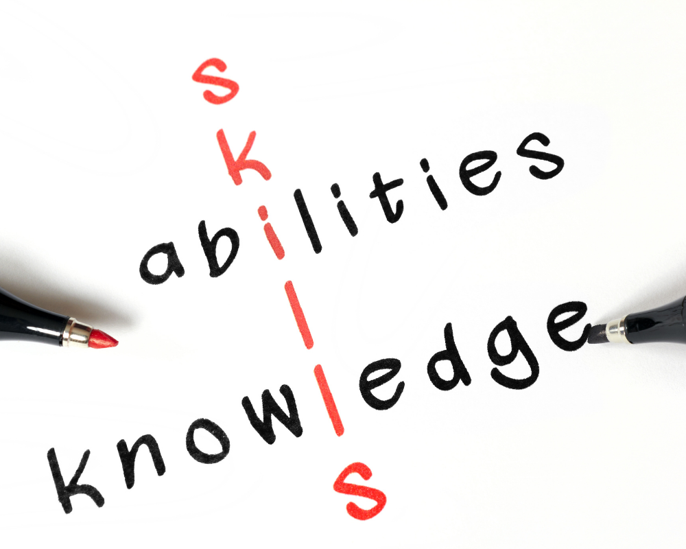 Skills, abilities, and knowledge written on a whiteboard with red and black markers.