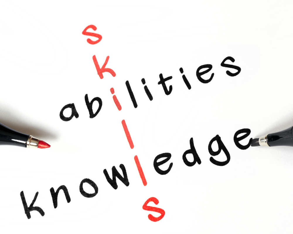 Skills, Ability, Knowledge written in black and red marker on a white background.