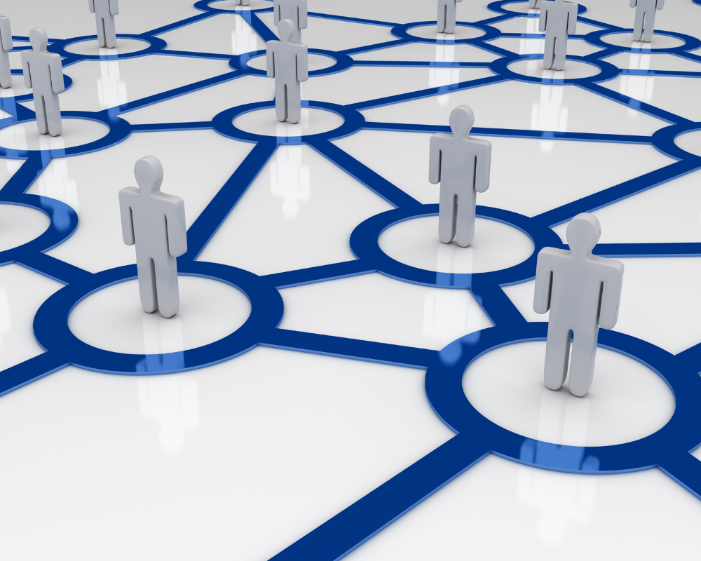 Abstract blue figures connected in a digital network, symbolizing professional LinkedIn connections and career growth.