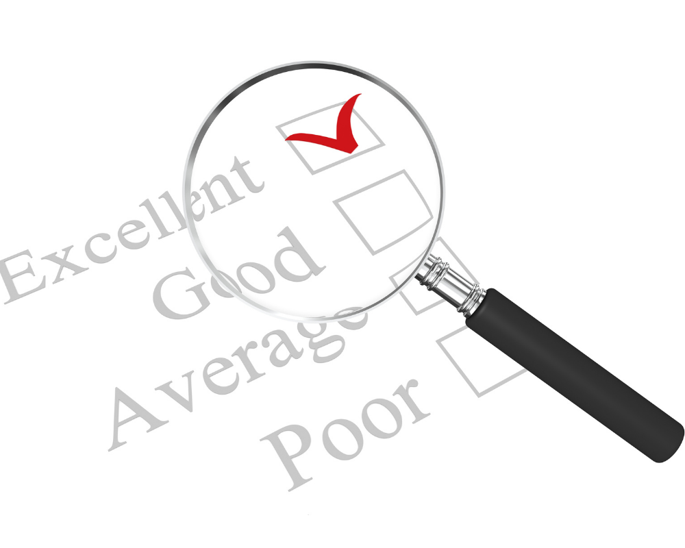 Magnifying glass over a page with rating options—Excellent, Good, Average, and Poor—highlighting profile evaluation and improvement