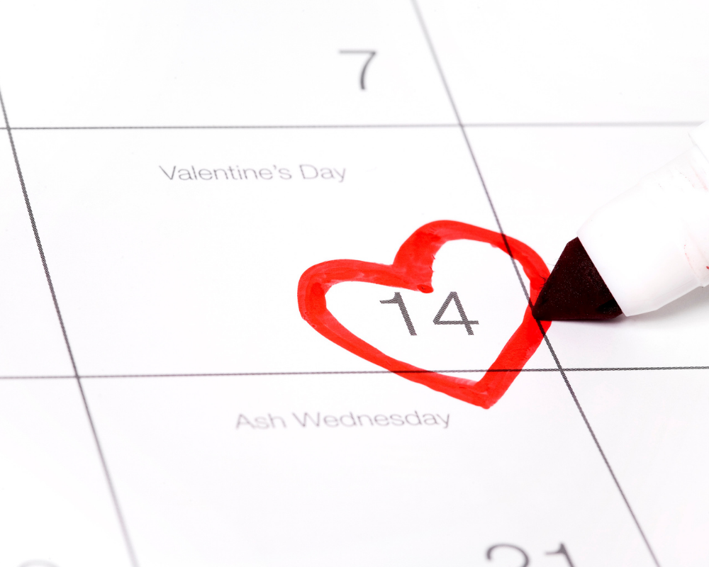 Valentine's Day 14 Feb marked in red marker on calender